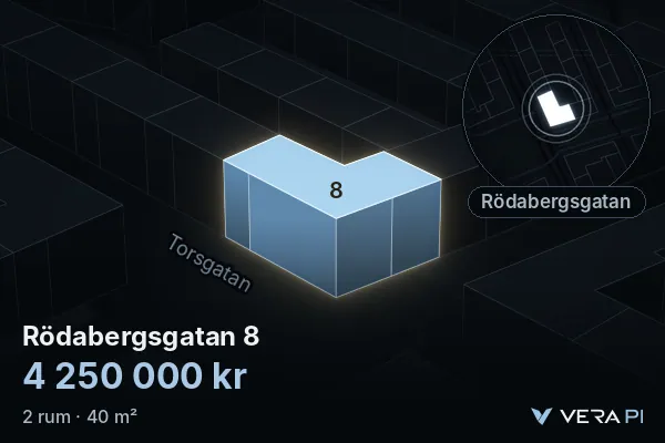 VERA PI:s bild av Rödabergsgatan 8: huset i 3D, upplyst i blått, och kartan runt omkring