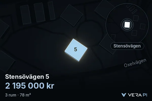 VERA PI:s bild av Stensövägen 5: huset i 3D, upplyst i blått, och kartan runt omkring