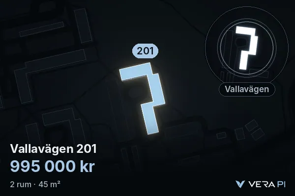 VERA PI:s bild av Vallavägen 201: huset i 3D, upplyst i blått, och kartan runt omkring