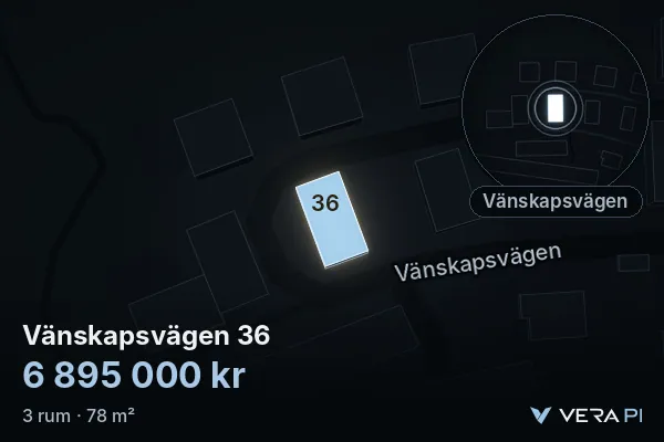 VERA PI:s bild av Vänskapsvägen 36: huset i 3D, upplyst i blått, och kartan runt omkring