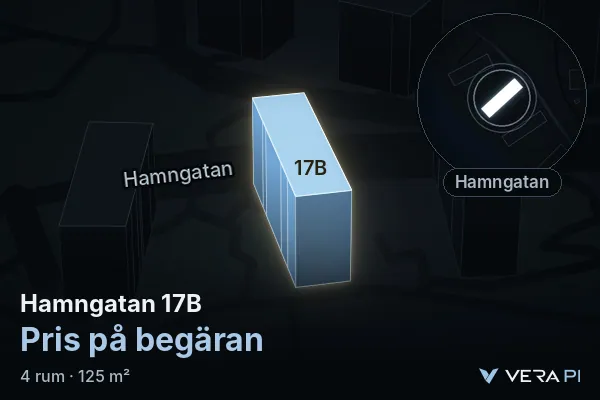 VERA PI's image of Hamngatan 17B: the building in 3D, lit in blue, and the map around it