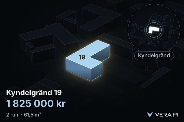VERA PI:s bild av Kyndelgränd 19: huset i 3D, upplyst i blått, och kartan runt omkring