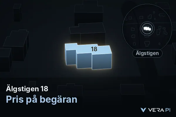 VERA PI:s bild av Älgstigen 18: huset i 3D, upplyst i blått, och kartan runt omkring