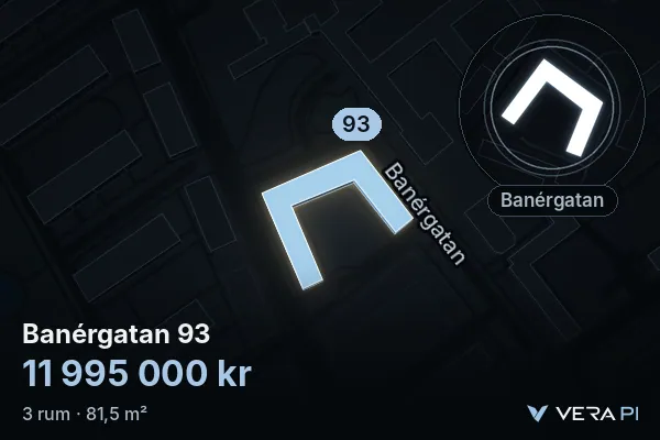 VERA PI:s bild av Banérgatan 93: huset i 3D, upplyst i blått, och kartan runt omkring