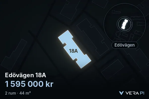 VERA PI:s bild av Edövägen 18A: huset i 3D, upplyst i blått, och kartan runt omkring