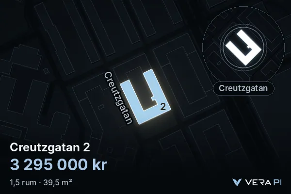 VERA PI:s bild av Creutzgatan 2: huset i 3D, upplyst i blått, och kartan runt omkring