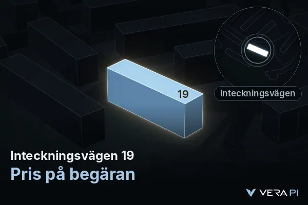 VERA PI:s bild av Inteckningsvägen 19: huset i 3D, upplyst i blått, och kartan runt omkring
