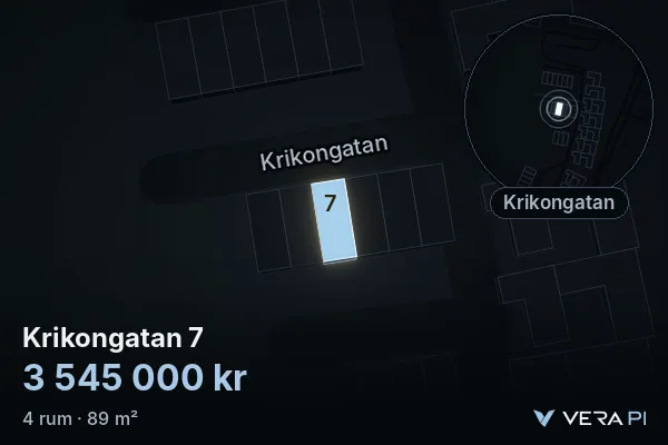 VERA PI:s bild av Krikongatan 7: huset i 3D, upplyst i blått, och kartan runt omkring