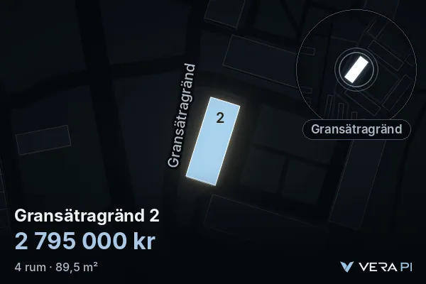 VERA PI's image of Gransätragränd 2: the building in 3D, lit in blue, and the map around it