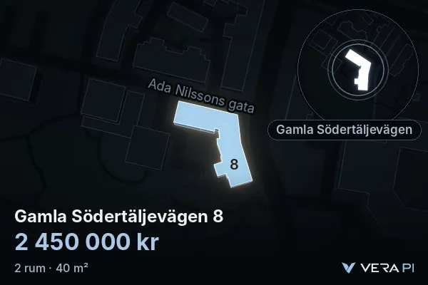 VERA PI:s bild av Gamla Södertäljevägen 8: huset i 3D, upplyst i blått, och kartan runt omkring