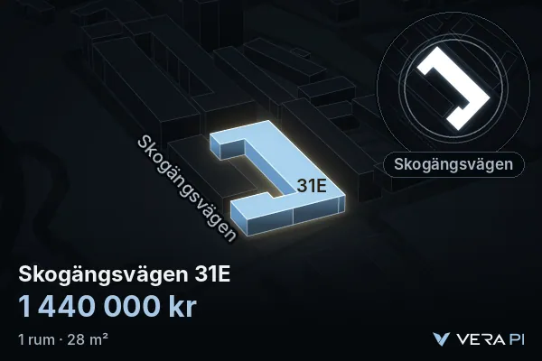 VERA PI:s bild av Skogängsvägen 31E: huset i 3D, upplyst i blått, och kartan runt omkring