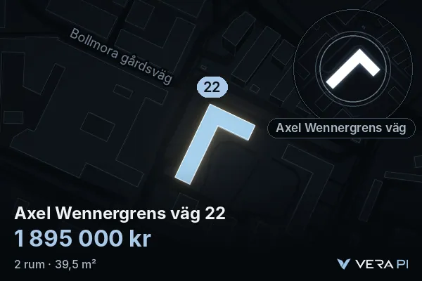 VERA PI's image of Axel Wennergrens väg 22: the building in 3D, lit in blue, and the map around it