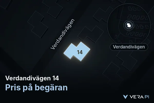 VERA PI:s bild av Verdandivägen 14: huset i 3D, upplyst i blått, och kartan runt omkring