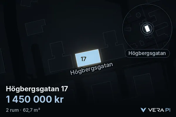 VERA PI's image of Högbergsgatan 17: the building in 3D, lit in blue, and the map around it