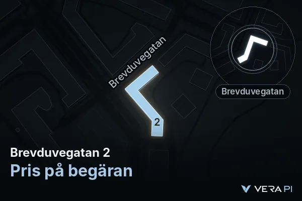 VERA PI's image of Brevduvegatan 2: the building in 3D, lit in blue, and the map around it