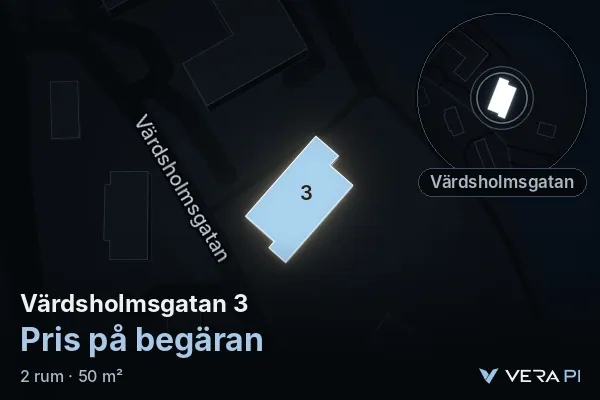 VERA PI:s bild av Värdsholmsgatan 3: huset i 3D, upplyst i blått, och kartan runt omkring