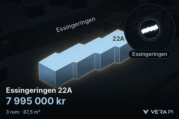 VERA PI:s bild av Essingeringen 22A: huset i 3D, upplyst i blått, och kartan runt omkring