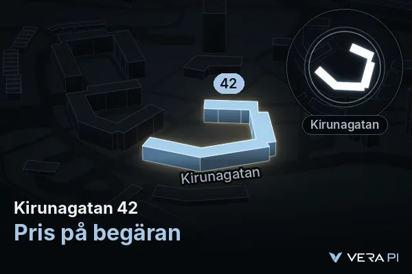 VERA PI:s bild av Kirunagatan 42: huset i 3D, upplyst i blått, och kartan runt omkring