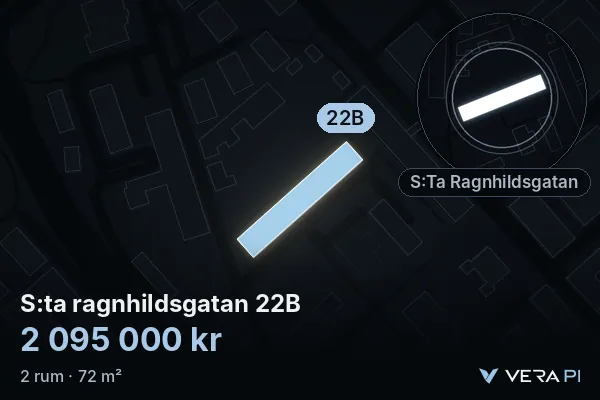 VERA PI's image of S:ta ragnhildsgatan 22B: the building in 3D, lit in blue, and the map around it
