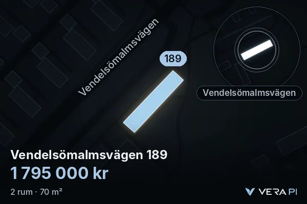 VERA PI's image of Vendelsömalmsvägen 189: the building in 3D, lit in blue, and the map around it