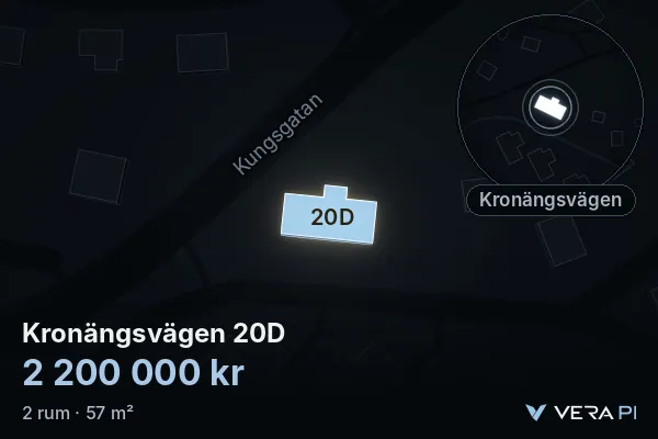 VERA PI's image of Kronängsvägen 20D: the building in 3D, lit in blue, and the map around it