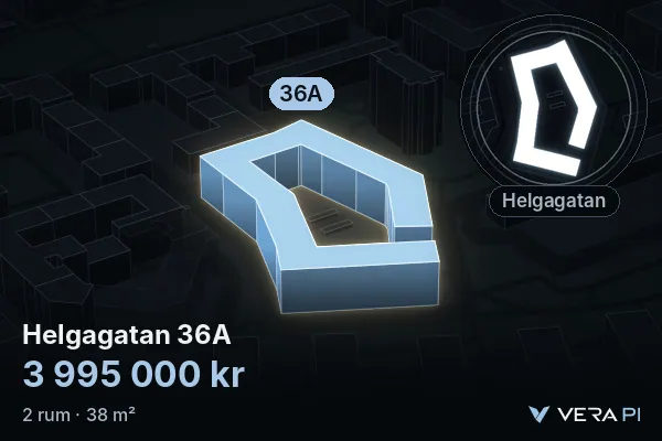 VERA PI:s bild av Helgagatan 36A: huset i 3D, upplyst i blått, och kartan runt omkring
