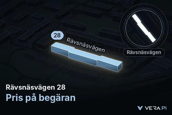 VERA PI:s bild av Rävsnäsvägen 28: huset i 3D, upplyst i blått, och kartan runt omkring
