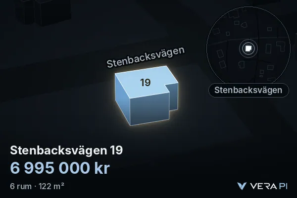 VERA PI:s bild av Stenbacksvägen 19: huset i 3D, upplyst i blått, och kartan runt omkring