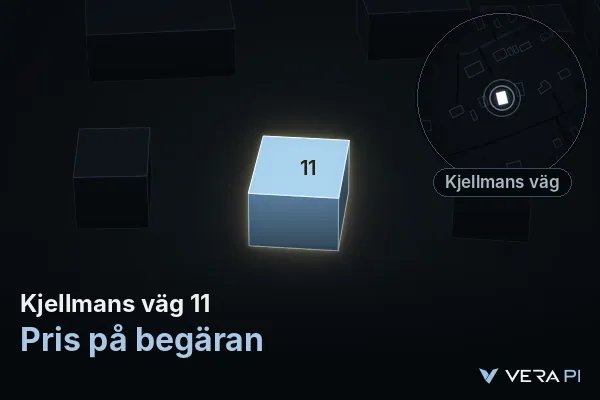 VERA PI:s bild av Kjellmans väg 11: huset i 3D, upplyst i blått, och kartan runt omkring