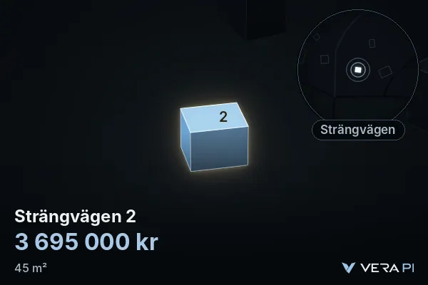 VERA PI:s bild av Strängvägen 2: huset i 3D, upplyst i blått, och kartan runt omkring