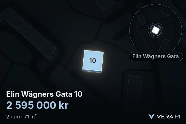 VERA PI:s bild av Elin Wägners Gata 10: huset i 3D, upplyst i blått, och kartan runt omkring