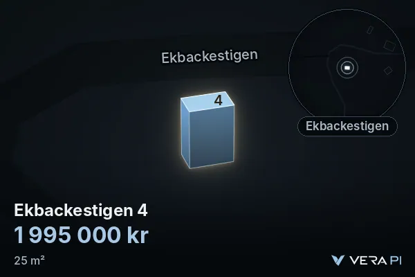 VERA PI:s bild av Ekbackestigen 4: huset i 3D, upplyst i blått, och kartan runt omkring