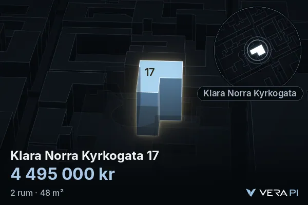 VERA PI's image of Klara Norra Kyrkogata 17: the building in 3D, lit in blue, and the map around it