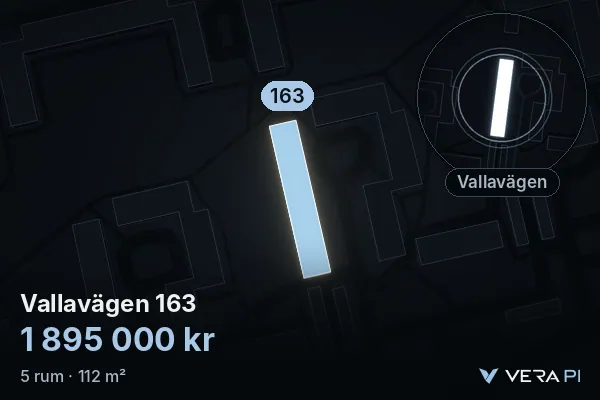 VERA PI:s bild av Vallavägen 163: huset i 3D, upplyst i blått, och kartan runt omkring