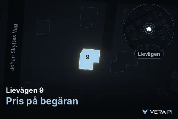 VERA PI's image of Lievägen 9: the building in 3D, lit in blue, and the map around it