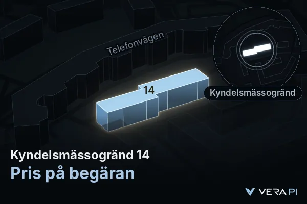 VERA PI:s bild av Kyndelsmässogränd 14: huset i 3D, upplyst i blått, och kartan runt omkring