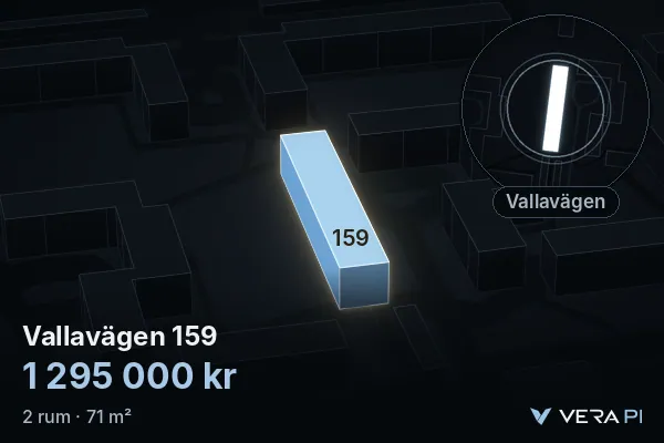 VERA PI:s bild av Vallavägen 159: huset i 3D, upplyst i blått, och kartan runt omkring