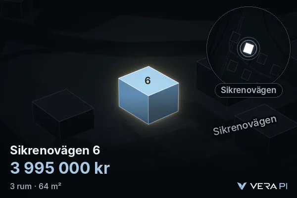 VERA PI:s bild av Sikrenovägen 6: huset i 3D, upplyst i blått, och kartan runt omkring