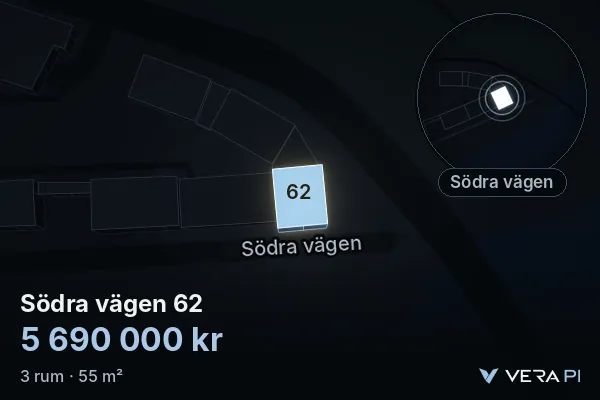 VERA PI:s bild av Södra vägen 62: huset i 3D, upplyst i blått, och kartan runt omkring
