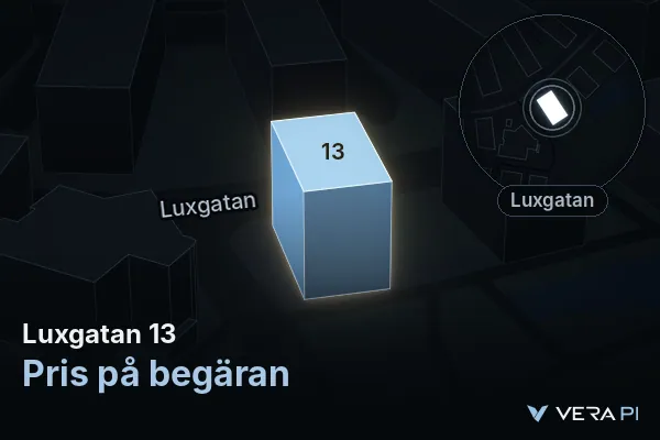 VERA PI:s bild av Luxgatan 13: huset i 3D, upplyst i blått, och kartan runt omkring
