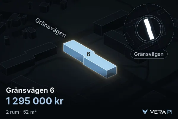 VERA PI's image of Gränsvägen 6: the building in 3D, lit in blue, and the map around it