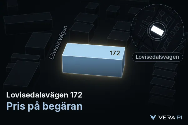 VERA PI's image of Lovisedalsvägen 172: the building in 3D, lit in blue, and the map around it