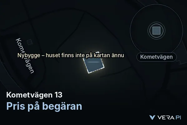 VERA PI:s bild av Kometvägen 13: huset i 3D, upplyst i blått, och kartan runt omkring