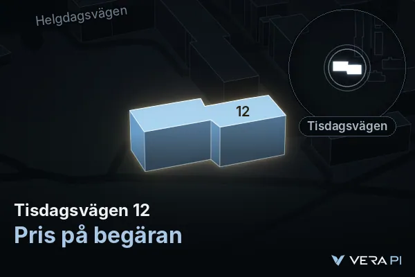 VERA PI:s bild av Tisdagsvägen 12: huset i 3D, upplyst i blått, och kartan runt omkring