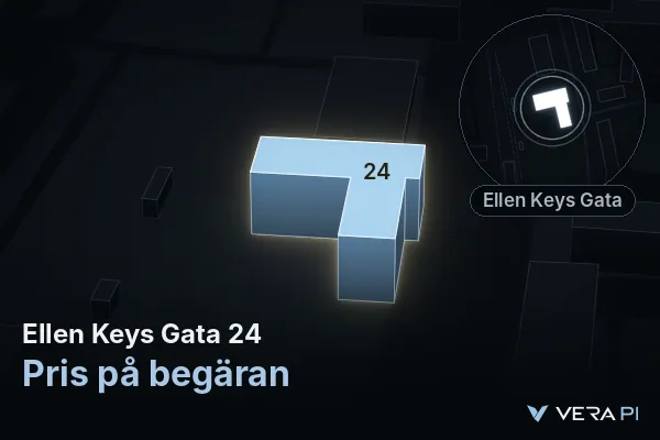 VERA PI:s bild av Ellen Keys Gata 24: huset i 3D, upplyst i blått, och kartan runt omkring