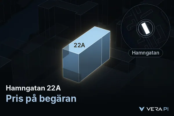 VERA PI's image of Hamngatan 22A: the building in 3D, lit in blue, and the map around it