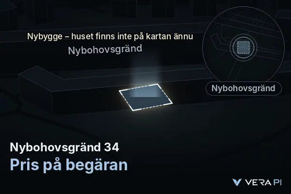 VERA PI:s bild av Nybohovsgränd 34: huset i 3D, upplyst i blått, och kartan runt omkring
