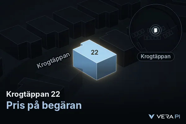 VERA PI:s bild av Krogtäppan 22: huset i 3D, upplyst i blått, och kartan runt omkring