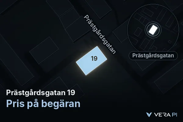 VERA PI:s bild av Prästgårdsgatan 19: huset i 3D, upplyst i blått, och kartan runt omkring