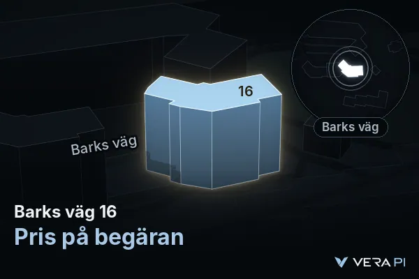 VERA PI's image of Barks väg 16: the building in 3D, lit in blue, and the map around it